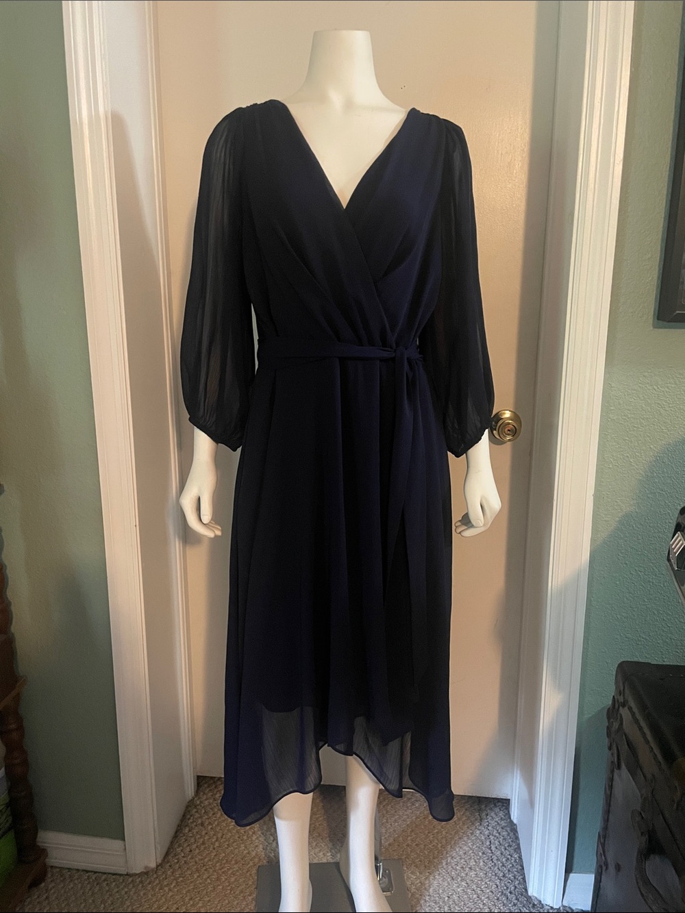 DKNY Navy Chiffon Midi Wrap Dress